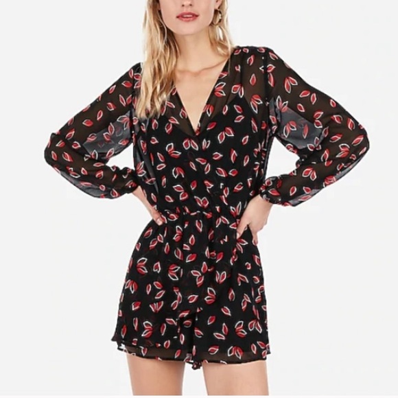 Express Pants - NWT Express Printed Surplice Ruffle-Front Romper-L